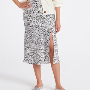 Satin Black and White Leopard Print Midi Skirt with Slit
